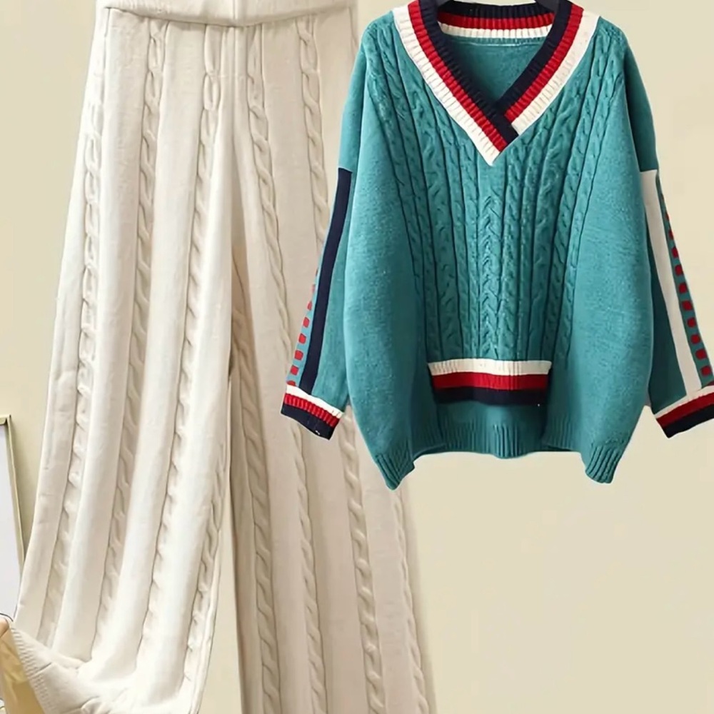 Teal V-Neck Cable Knit Sweater 2 pieces